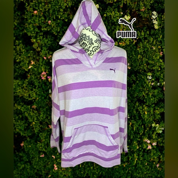 PUMA Women’s Purple Stripped Long Sleeve Hooded Shirt- Large - Picture 1 of 6